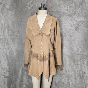 Venus Faux Suede Lace Peplum Jacket Tan Women L Asymetric Boho Renaissance Fairy